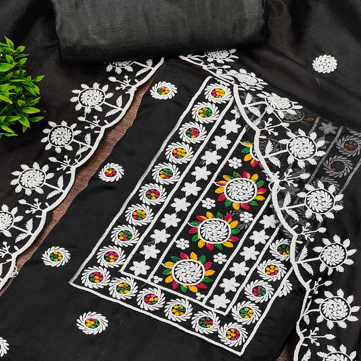 Black Embroidered Cotton Blend Suit Fabric with Soft Floral Detailing