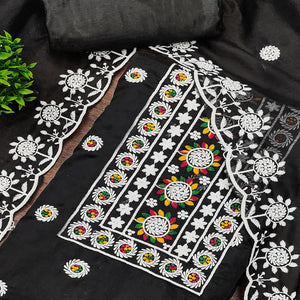 Black Embroidered Cotton Blend Suit Fabric with Soft Floral Detailing
