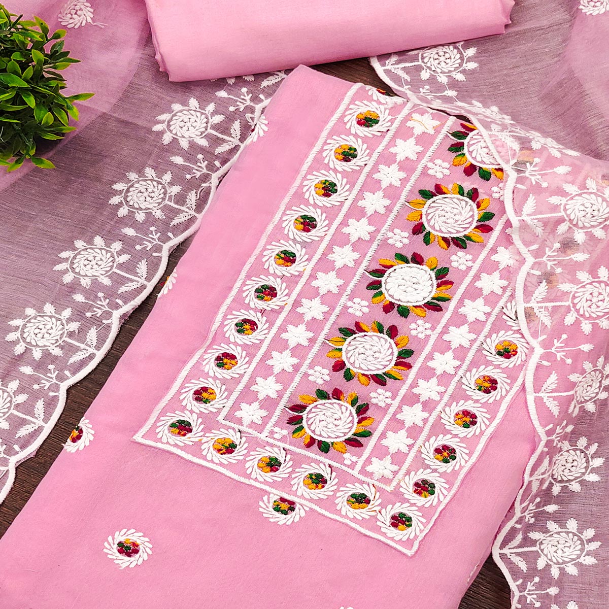 Pink Embroidered Cotton Blend Suit Fabric with Soft Floral Detailing