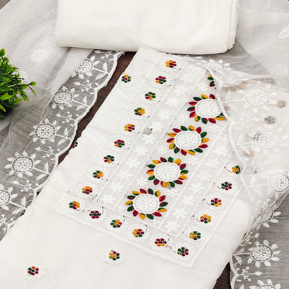 White Embroidered Cotton Blend Suit Fabric with Soft Floral Detailing