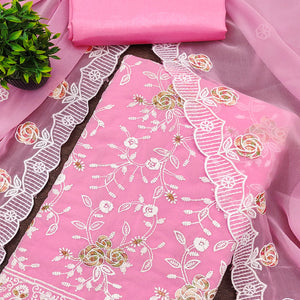 Pink Georgette Dress Material Highlighted With Floral Thread Embroidery