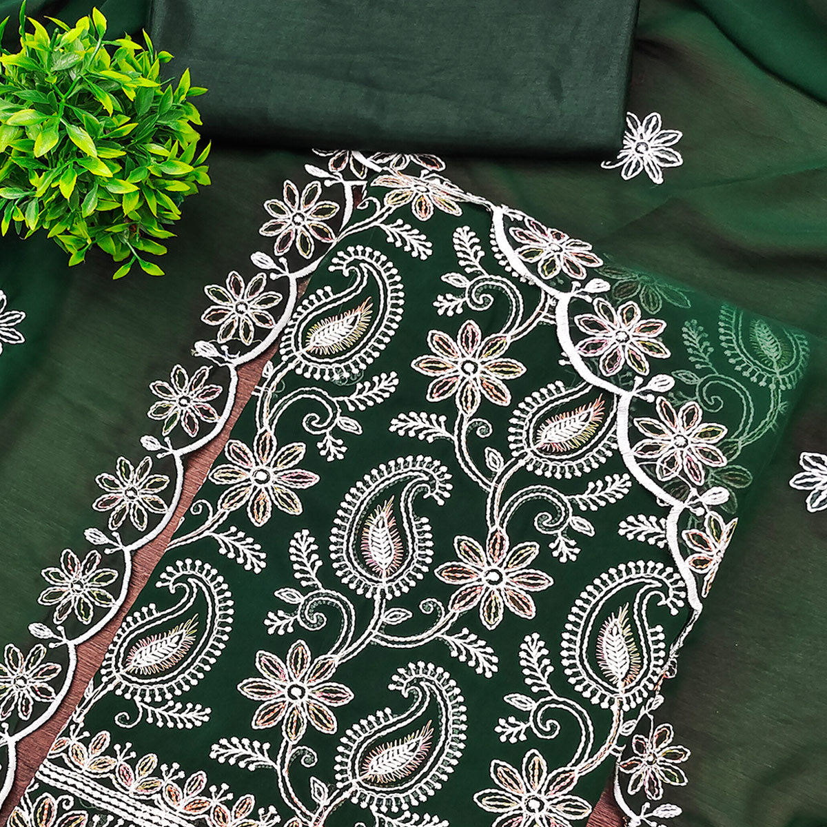 Green Georgette Dress Material Highlighted With Paisley & Floral Thread Embroidery