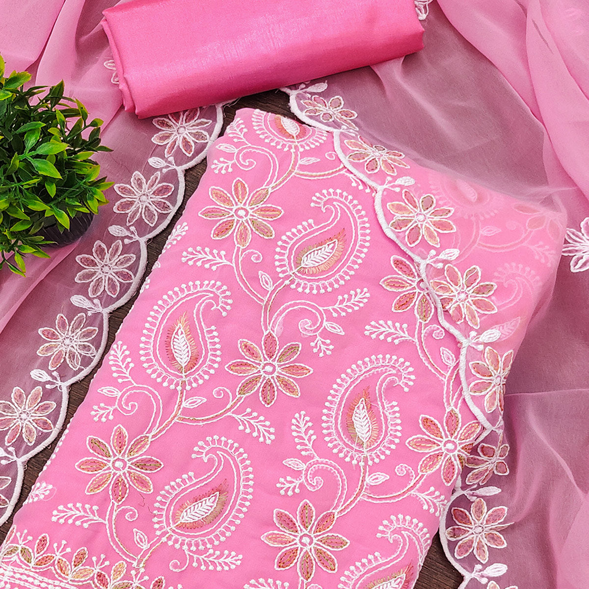 Pink Georgette Dress Material Highlighted With Paisley & Floral Thread Embroidery