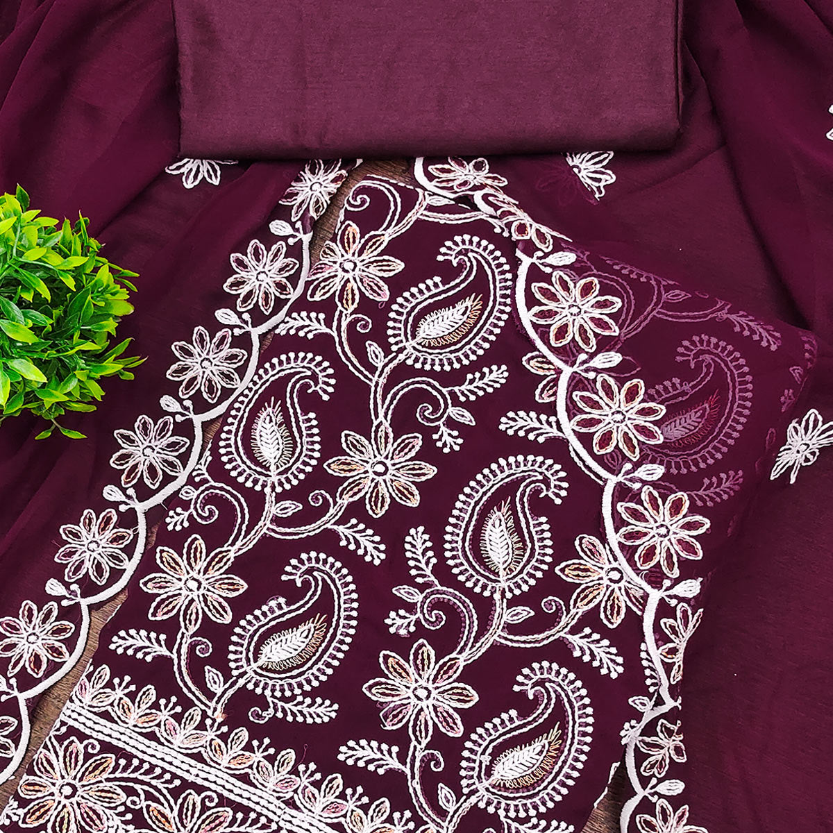 Wine Georgette Dress Material Highlighted With Paisley & Floral Thread Embroidery