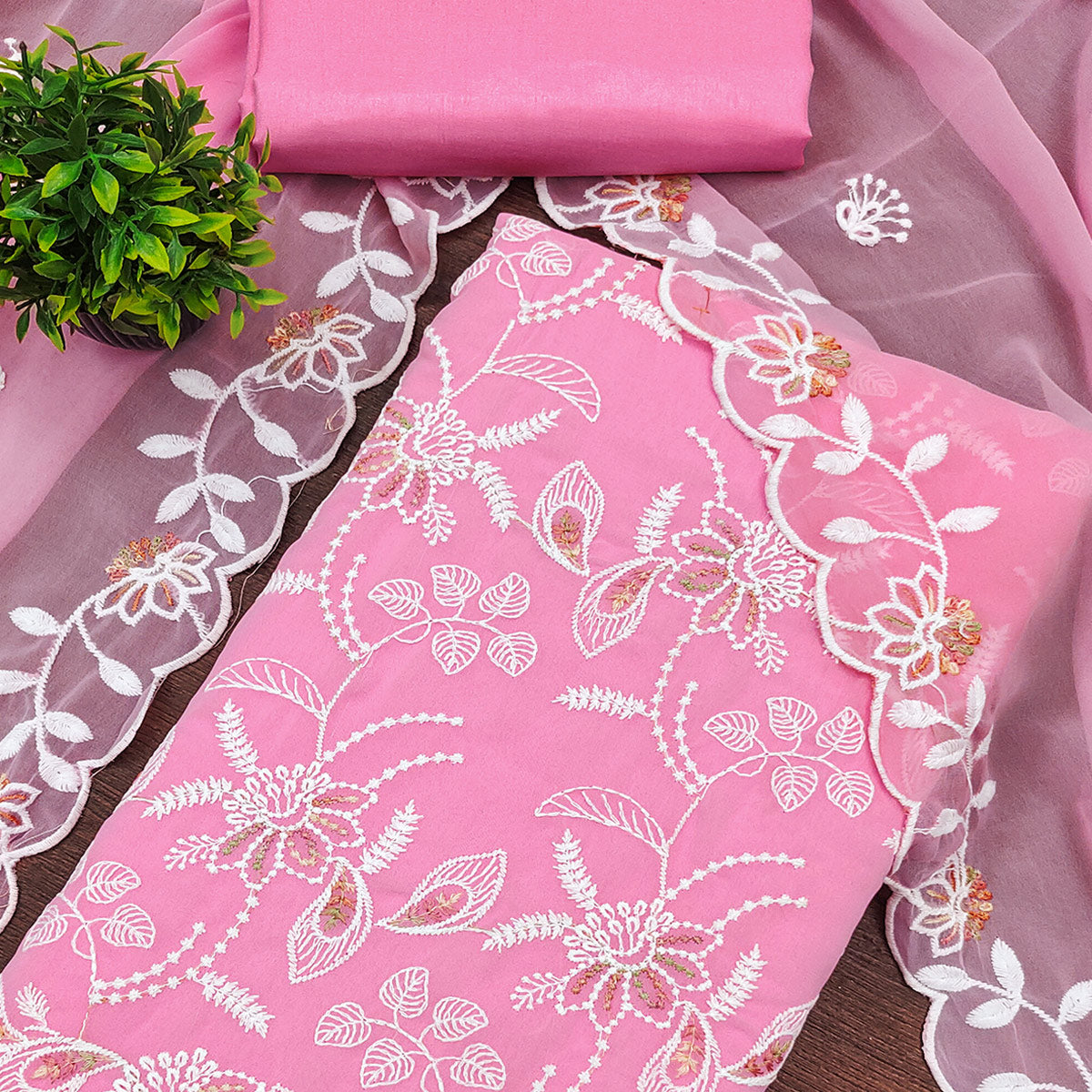 Pink Georgette Dress Material Accented With Floral Thread Work