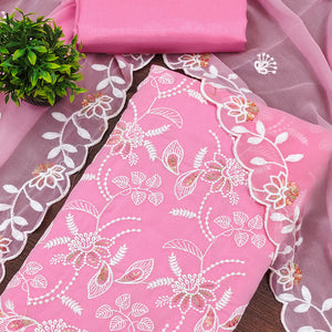 Pink Georgette Dress Material Accented With Floral Thread Work