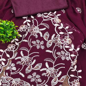 Wine Georgette Dress Material Accented With Floral Thread Work