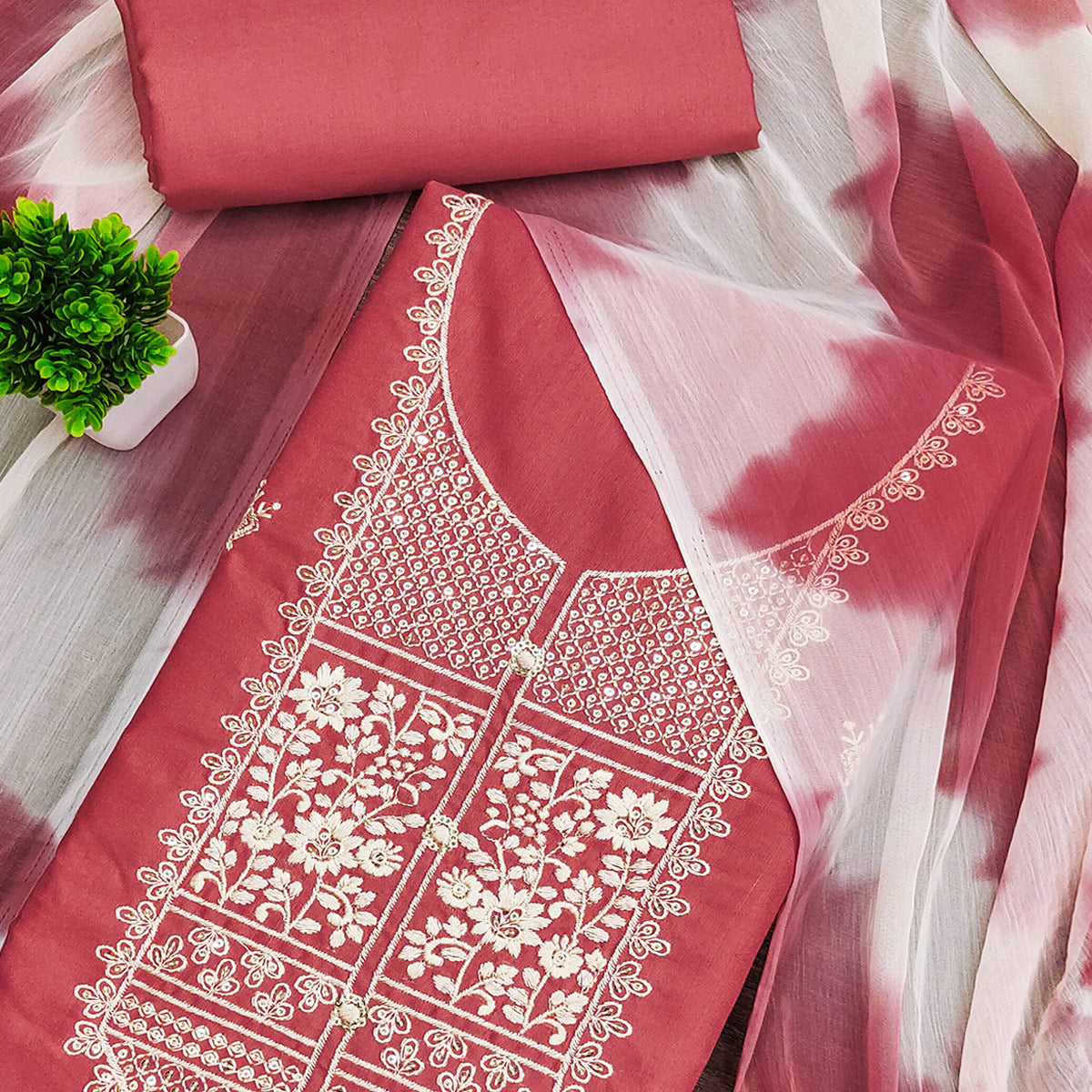 Gajari Pink Floral Thread Embroidered Cotton Blend Dress Material With Sequins Work