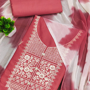 Gajari Pink Floral Thread Embroidered Cotton Blend Dress Material With Sequins Work