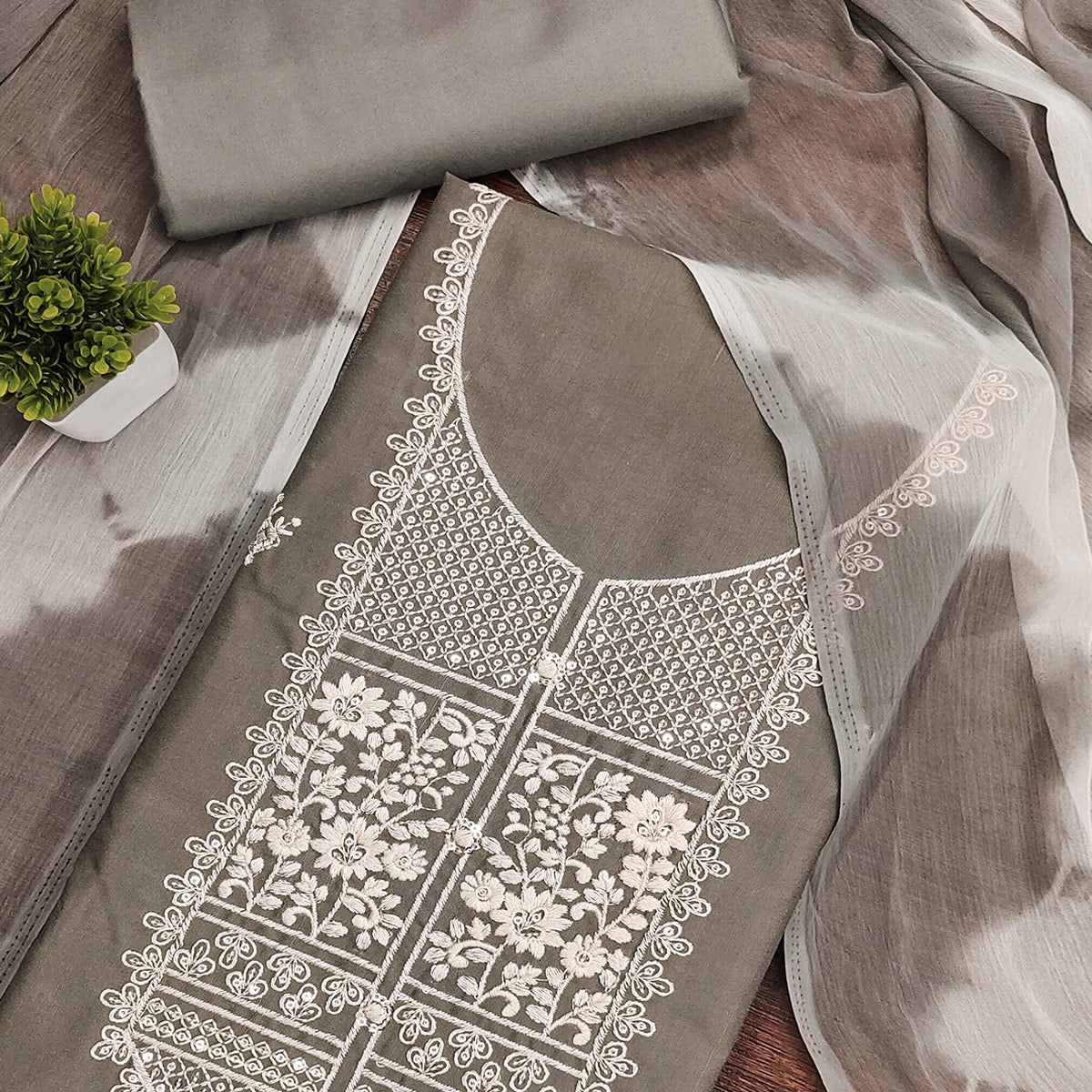 Grey Floral Thread Embroidered Cotton Blend Dress Material With Sequins Work