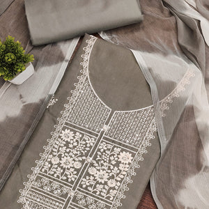 Grey Floral Thread Embroidered Cotton Blend Dress Material With Sequins Work