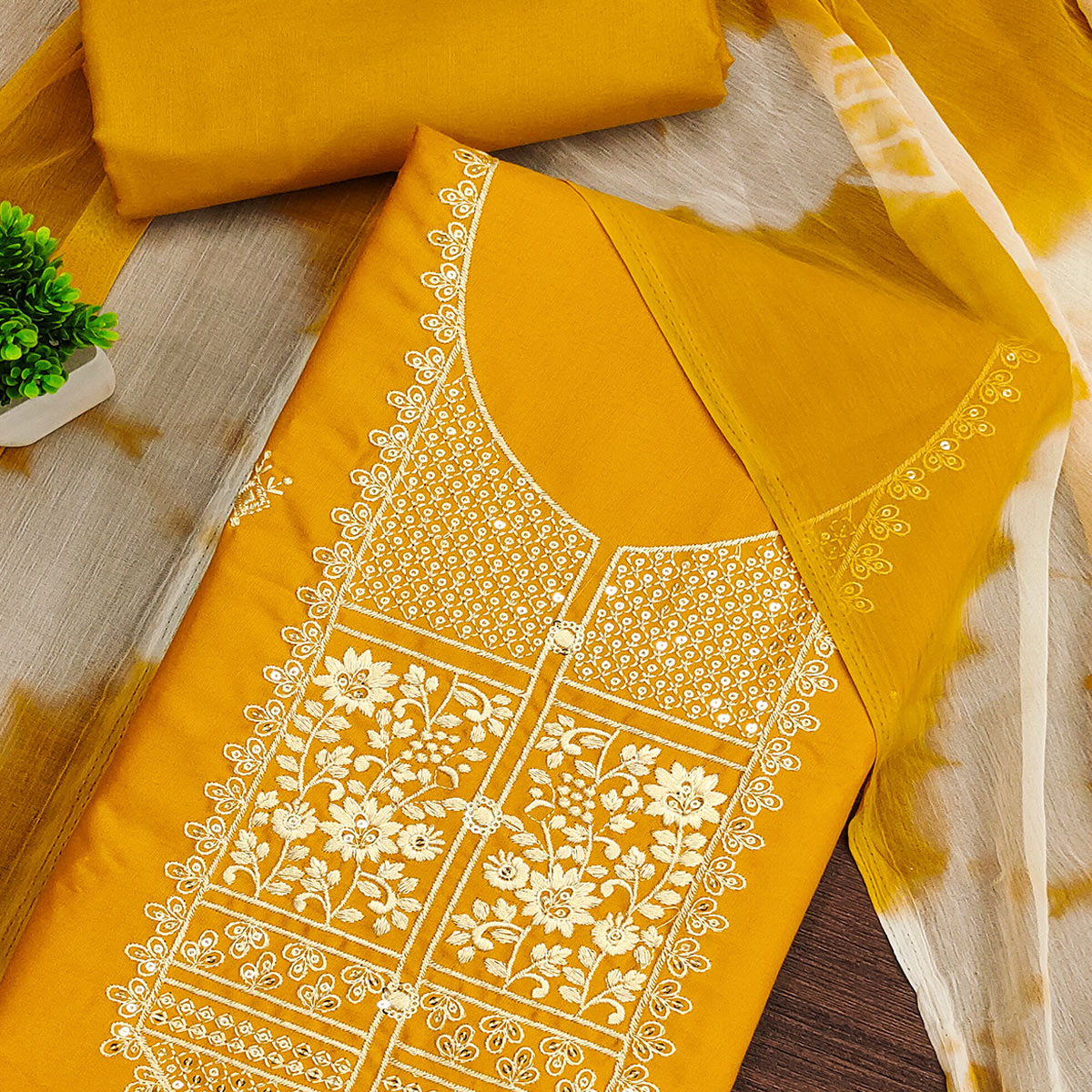 Mustard Floral Thread Embroidered Cotton Blend Dress Material With Sequins Work