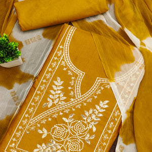 Mustard Cotton Blend Dress Material Highlighted With Floral Thread & Sequins Work