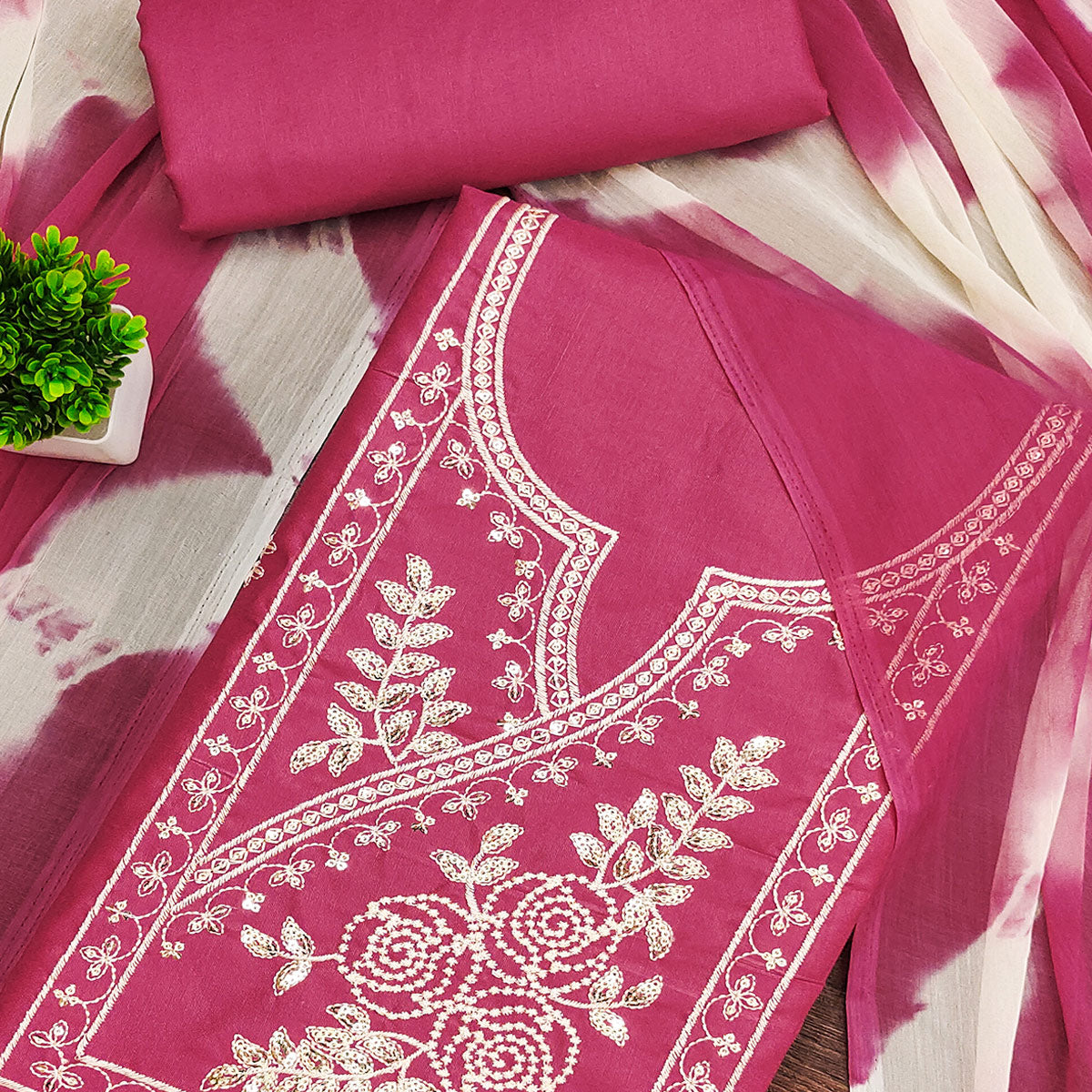 Pink Cotton Blend Dress Material Highlighted With Floral Thread & Sequins Work