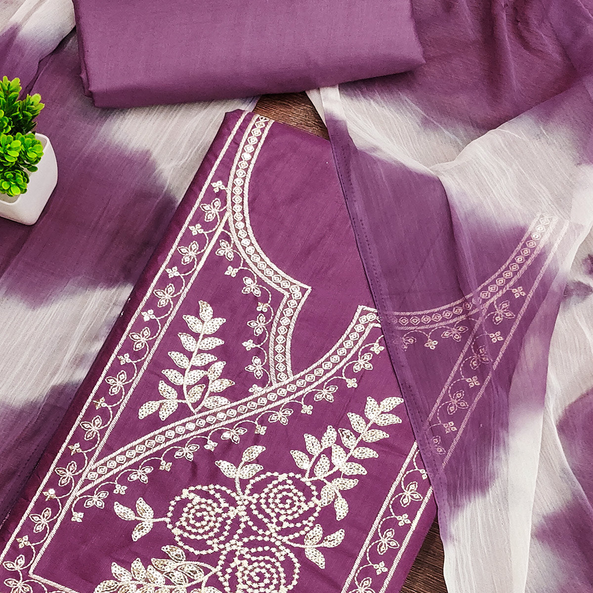 Purple Cotton Blend Dress Material Highlighted With Floral Thread & Sequins Work