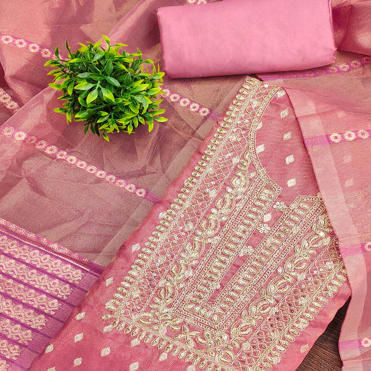 Classic Pink Butti Weaving Shimmer Dress Material Enhanced With Sequins Cording Embroidery