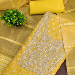 Classic Yellow Butti Weaving Shimmer Dress Material Enhanced With Sequins Cording Embroidery