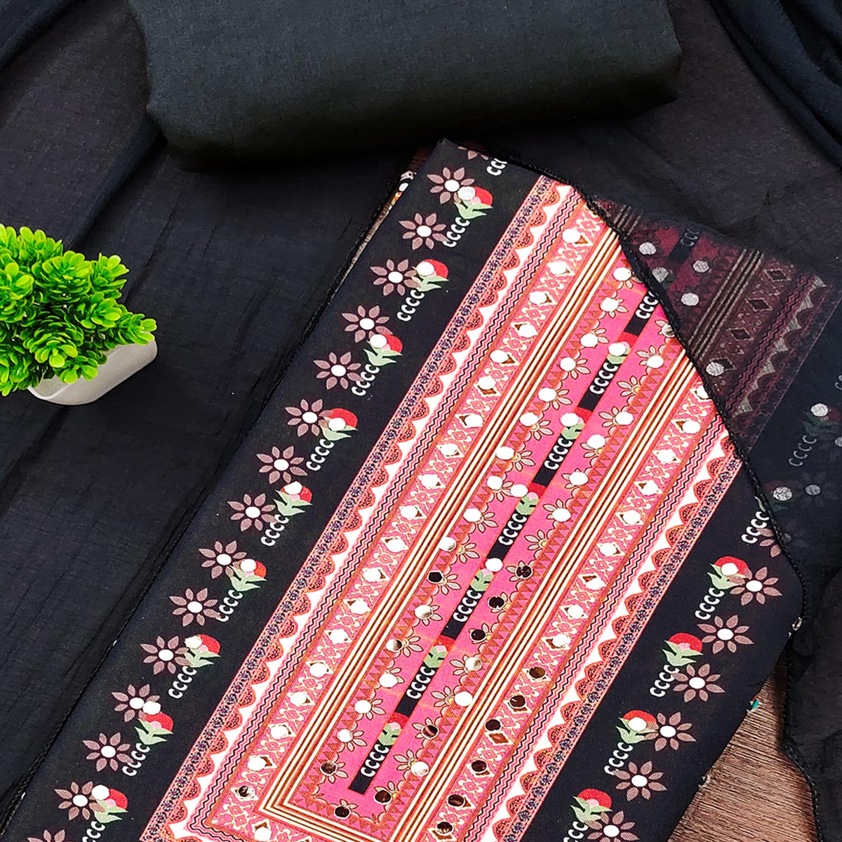 Black Floral Printed Rayon Fabric Set with Decorative Mirror Work for a Festive Look