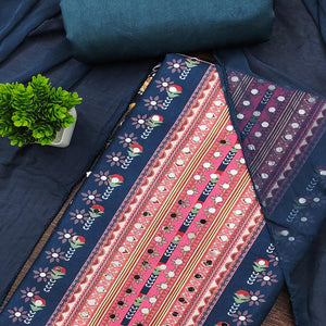 Dark Teal Floral Printed Rayon Fabric Set with Decorative Mirror Work for a Festive Look