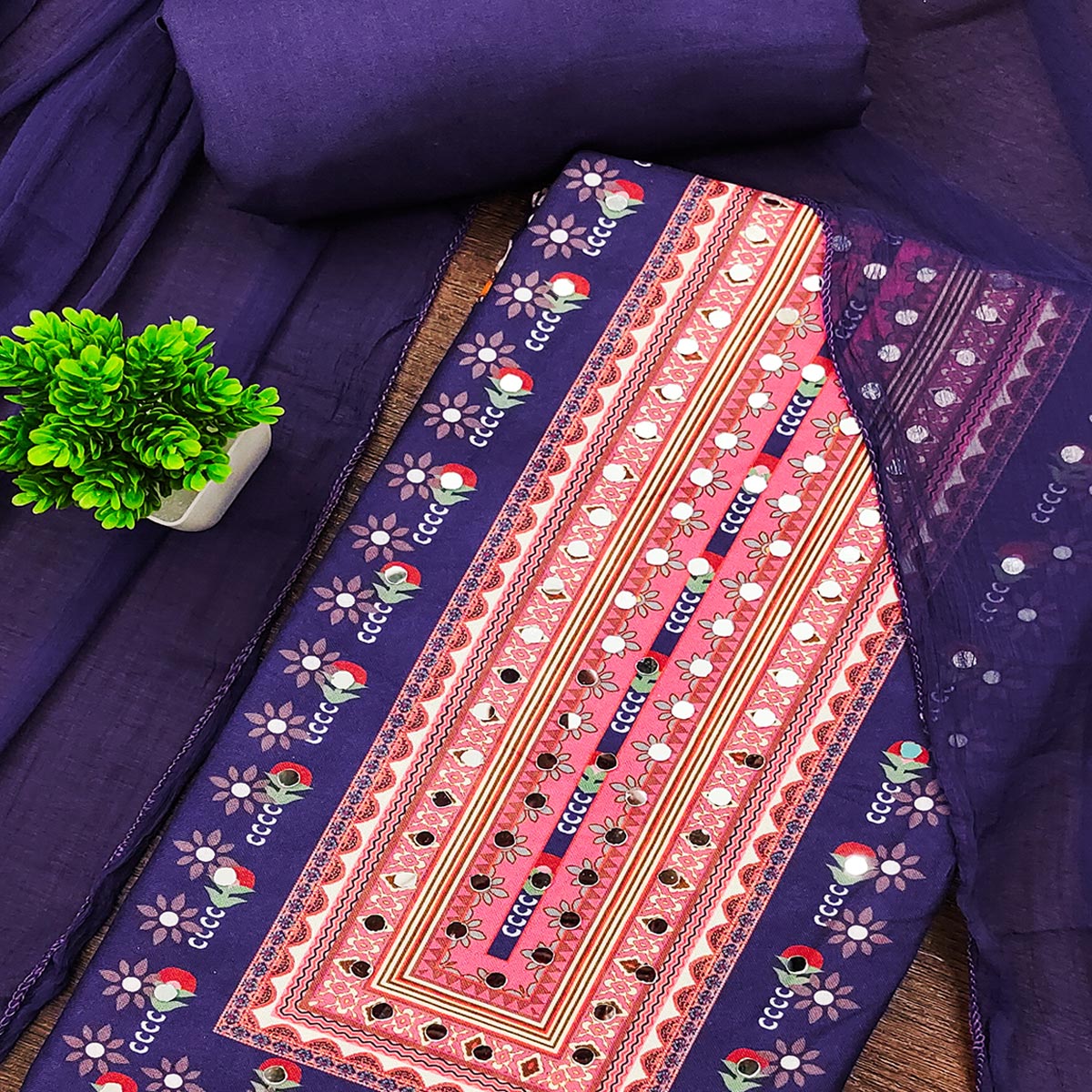 Purple Floral Printed Rayon Fabric Set with Decorative Mirror Work for a Festive Look