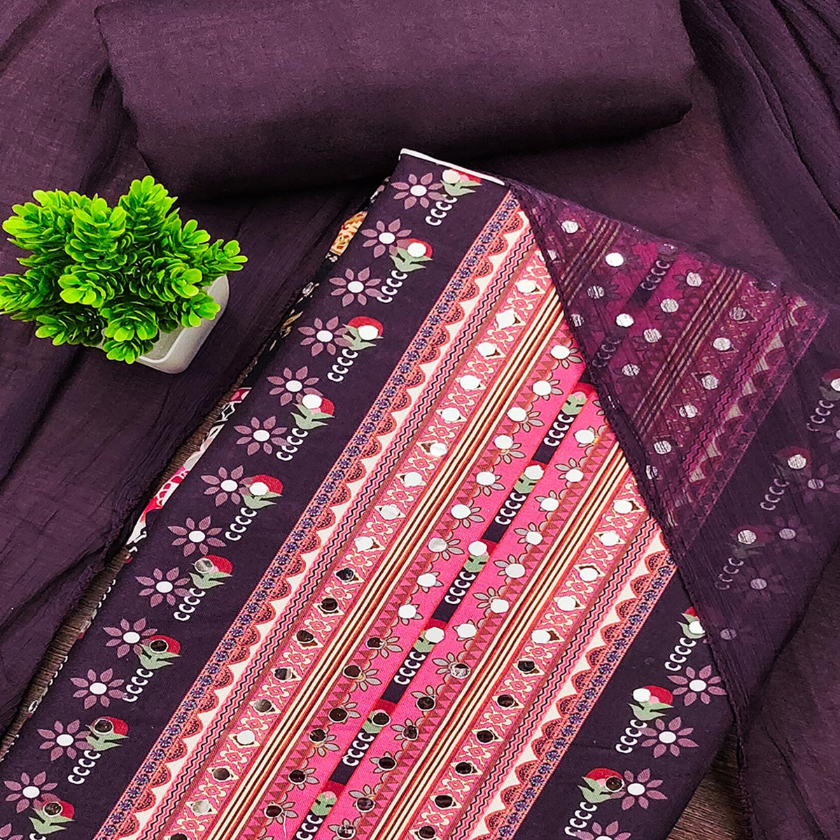 Wine Floral Printed Rayon Fabric Set with Decorative Mirror Work for a Festive Look