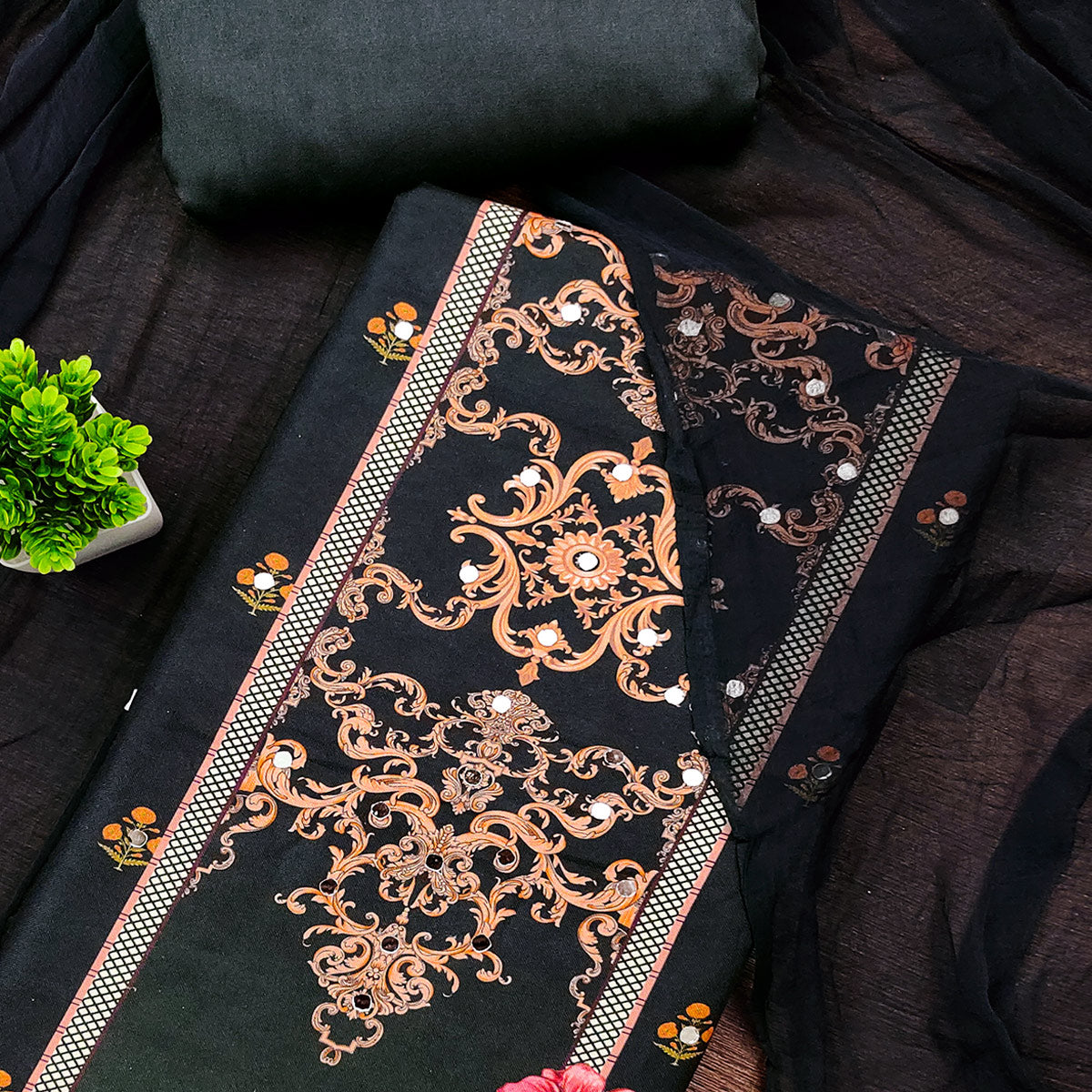 Black & Orange Floral Digital Printed Rayon Dress Material Enhanced With Mirror Work