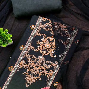 Black & Orange Floral Digital Printed Rayon Dress Material Enhanced With Mirror Work