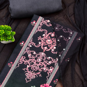 Black & Pink Floral Digital Printed Rayon Dress Material Enhanced With Mirror Work