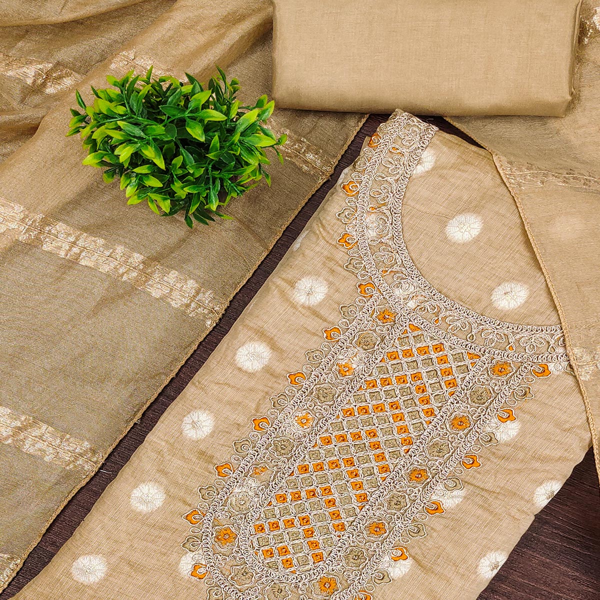 Graceful Beige Jacquard Dress Material Featuring Floral Weaving & Sequins Cording Embroidery