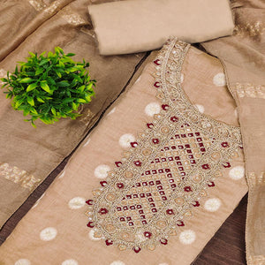 Graceful Light Brown Jacquard Dress Material Featuring Floral Weaving & Sequins Cording Embroidery