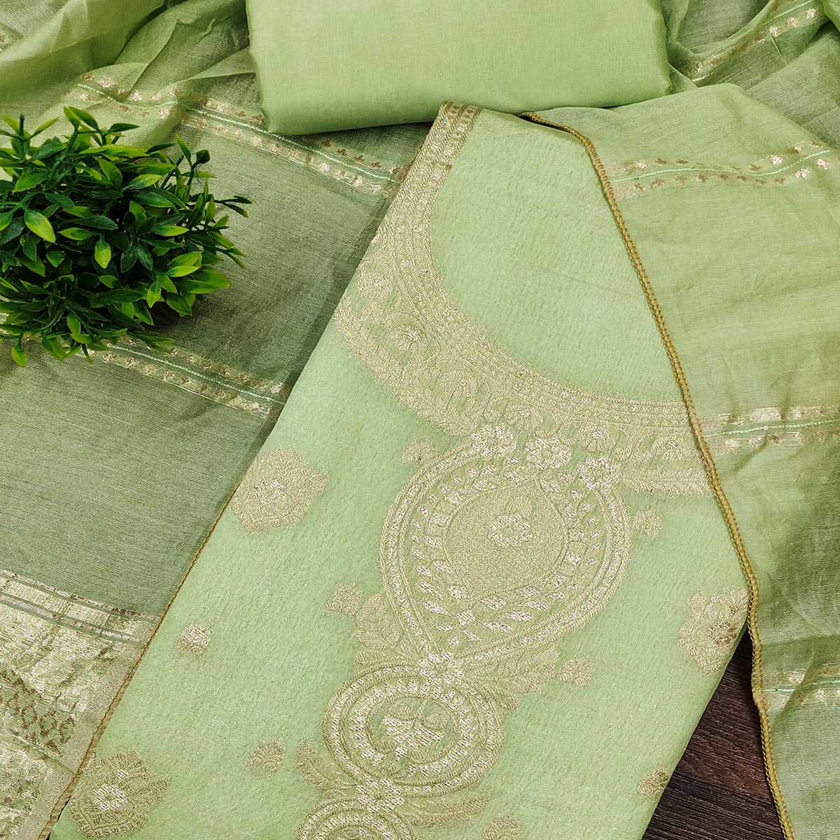 Refined Green Viscose Jacquard Dress Material Featuring Floral Weaving Work