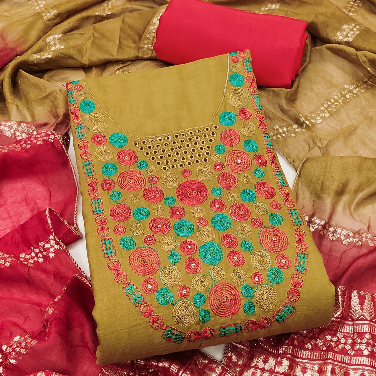 Charming Mustard Thread Embroidered Cotton Blend Dress Material With Sequins & Gota Patti Accents