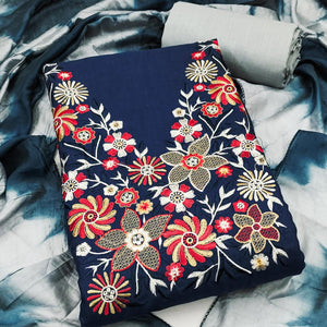 Elegant Blue Floral Thread Embroidered Cotton Blend Dress Material With Gota Patti Work