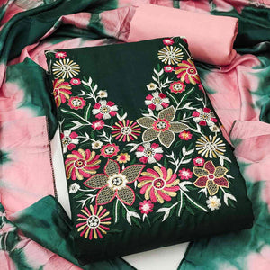 Elegant Green Floral Thread Embroidered Cotton Blend Dress Material With Gota Patti Work