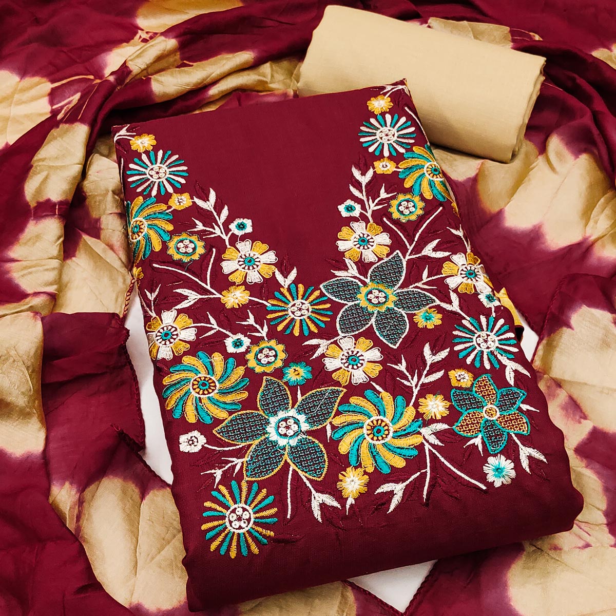 Elegant Maroon Floral Thread Embroidered Cotton Blend Dress Material With Gota Patti Work