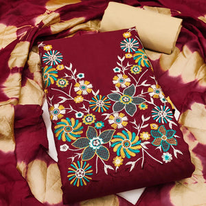 Elegant Maroon Floral Thread Embroidered Cotton Blend Dress Material With Gota Patti Work