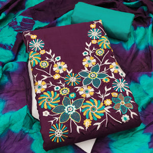 Elegant Purple Floral Thread Embroidered Cotton Blend Dress Material With Gota Patti Work