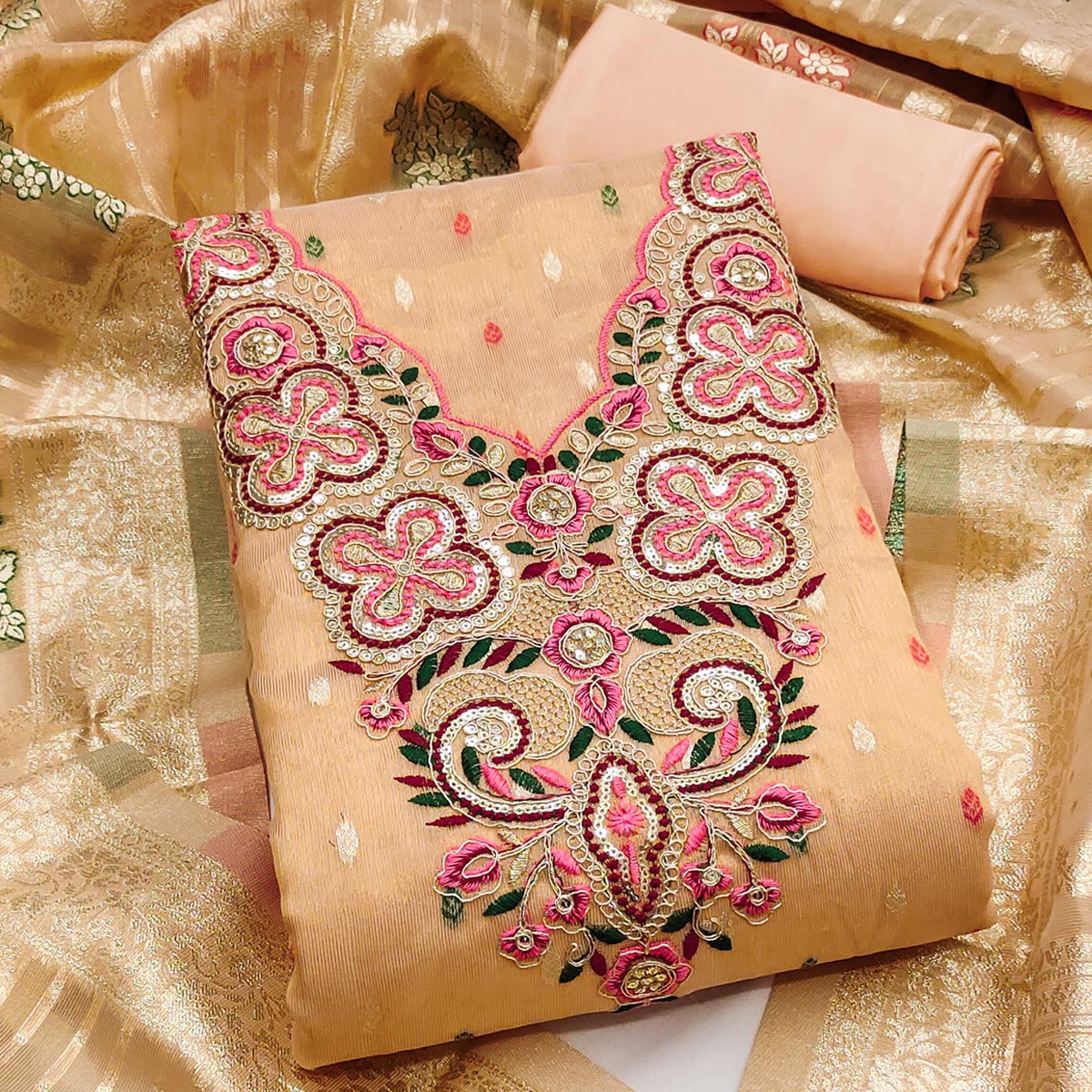 Stylish Peach Floral Cording Embroidered Shimmer Dress Material Enhanced With Butti Weaving Work