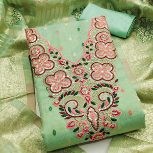 Stylish Sea Green Floral Cording Embroidered Shimmer Dress Material Enhanced With Butti Weaving