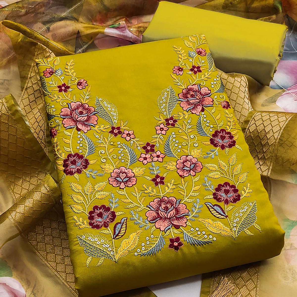 Majestic Green Bloom Floral Thread & Sequins Embroidered Roman Cotton Silk Dress Material