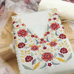 Majestic White Bloom Floral Thread & Sequins Embroidered Roman Cotton Silk Dress Material