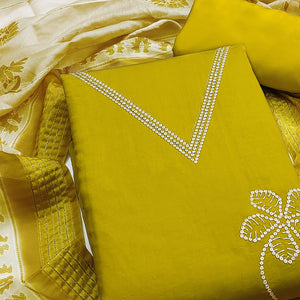 Sophisticated Green Floral Embroidered Roman Cotton Silk Dress Material With Shimmering Sequins