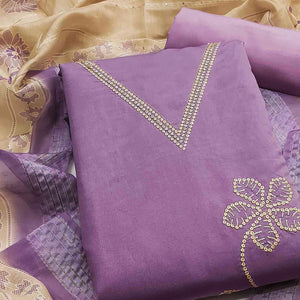 Sophisticated Lavender Floral Embroidered Roman Cotton Silk Dress Material With Shimmering Sequins