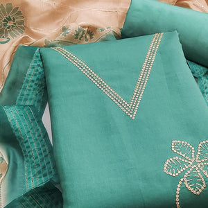 Sophisticated Turquoise Floral Embroidered Roman Cotton Silk Dress Material With Shimmering Sequins