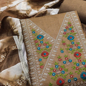 Opulent Grace Brown Cotton Blend Dress Material Adorned With Floral Thread & Sequins Work