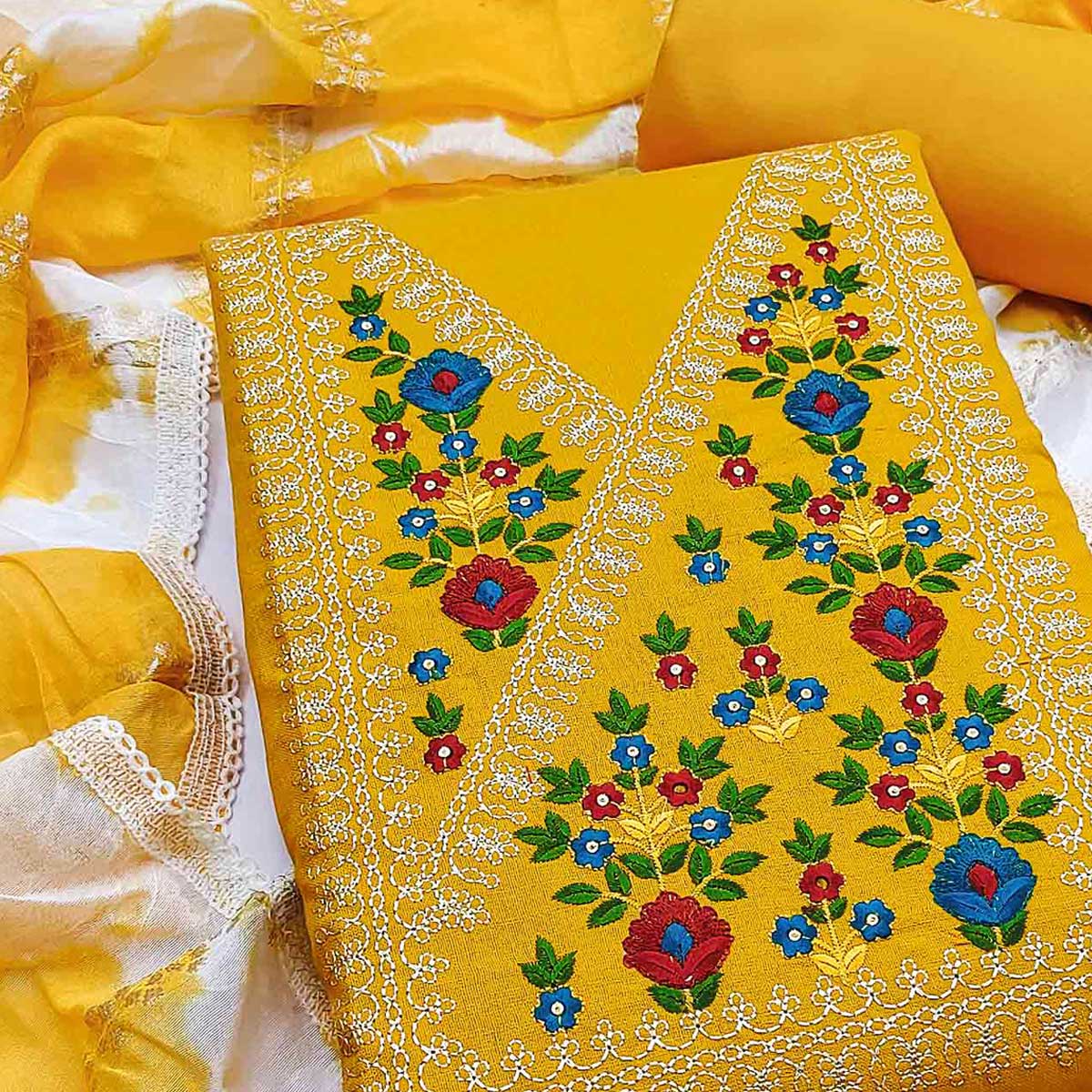 Opulent Grace Yellow Cotton Blend Dress Material Adorned With Floral Thread & Sequins Work