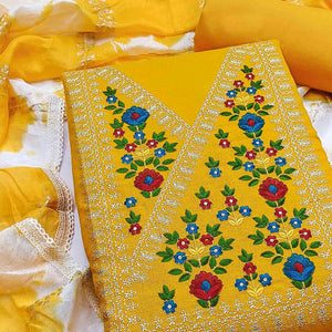 Opulent Grace Yellow Cotton Blend Dress Material Adorned With Floral Thread & Sequins Work