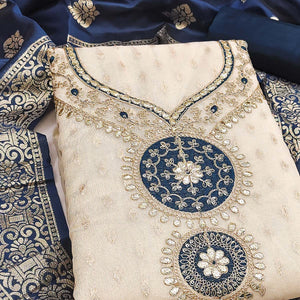 Cream & Blue Shimmer Dress Material Featuring Intricate Zari Weaving With Cording Embroidery