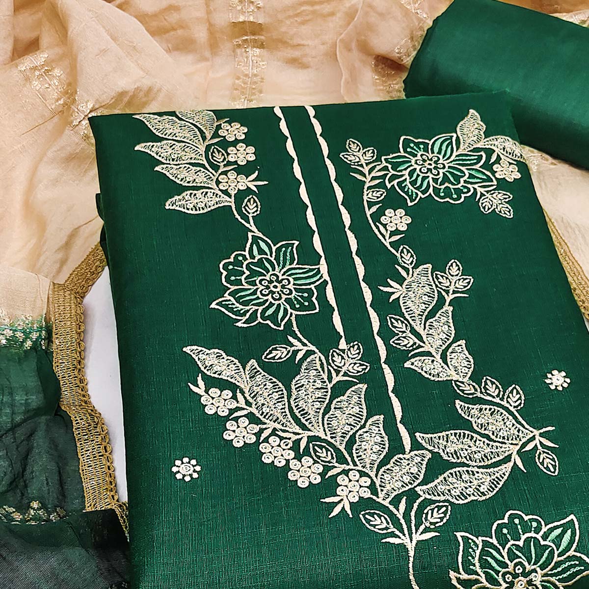 Green Cotton Blend Dress Material Adorned With Elegant Floral Embroidery & Sequins Detailing