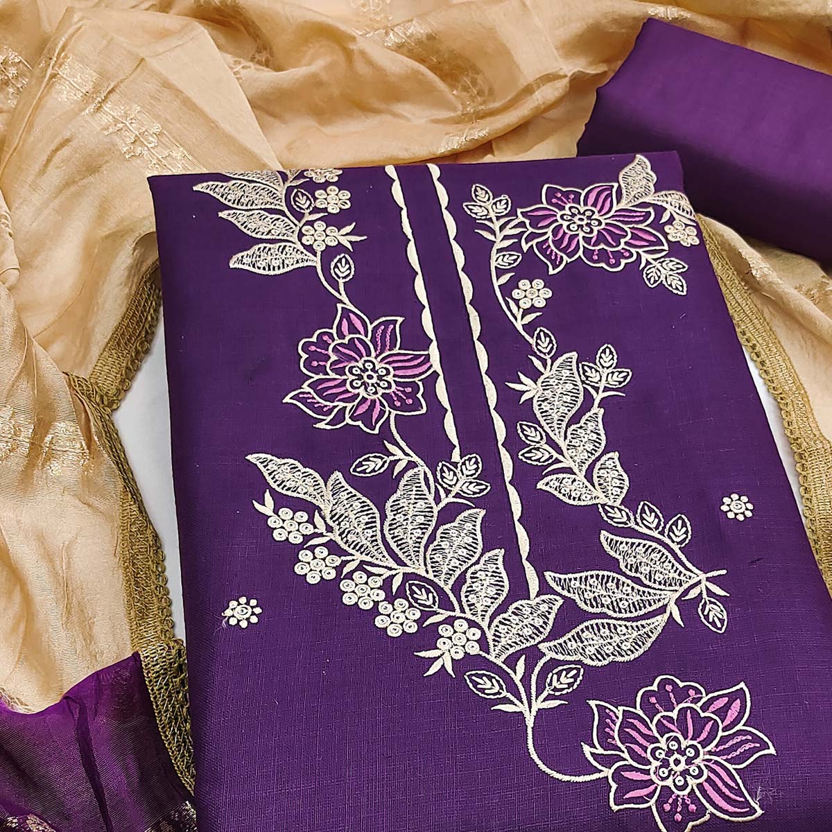 Purple Cotton Blend Dress Material Adorned With Elegant Floral Embroidery & Sequins Detailing